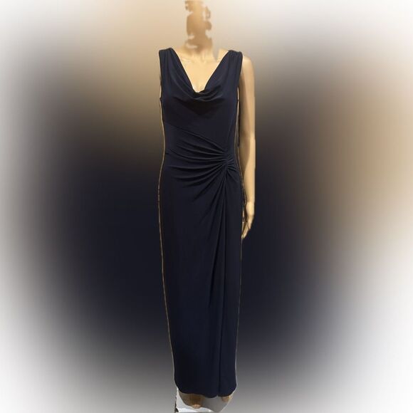 Lauren Ralph Lauren Evening Navy Blue Cowl Neck Ruched Gown w/ Leg Slit Sz 6 - Picture 1 of 9